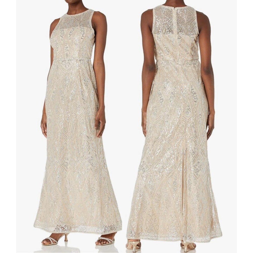 NWT Adrianna Papell Women's Geo Sequin Halter Gown size 14 regular price $280